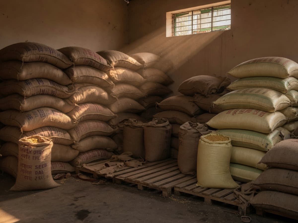 Grain and seed sacks stored in a Nokha-region commodity warehouse