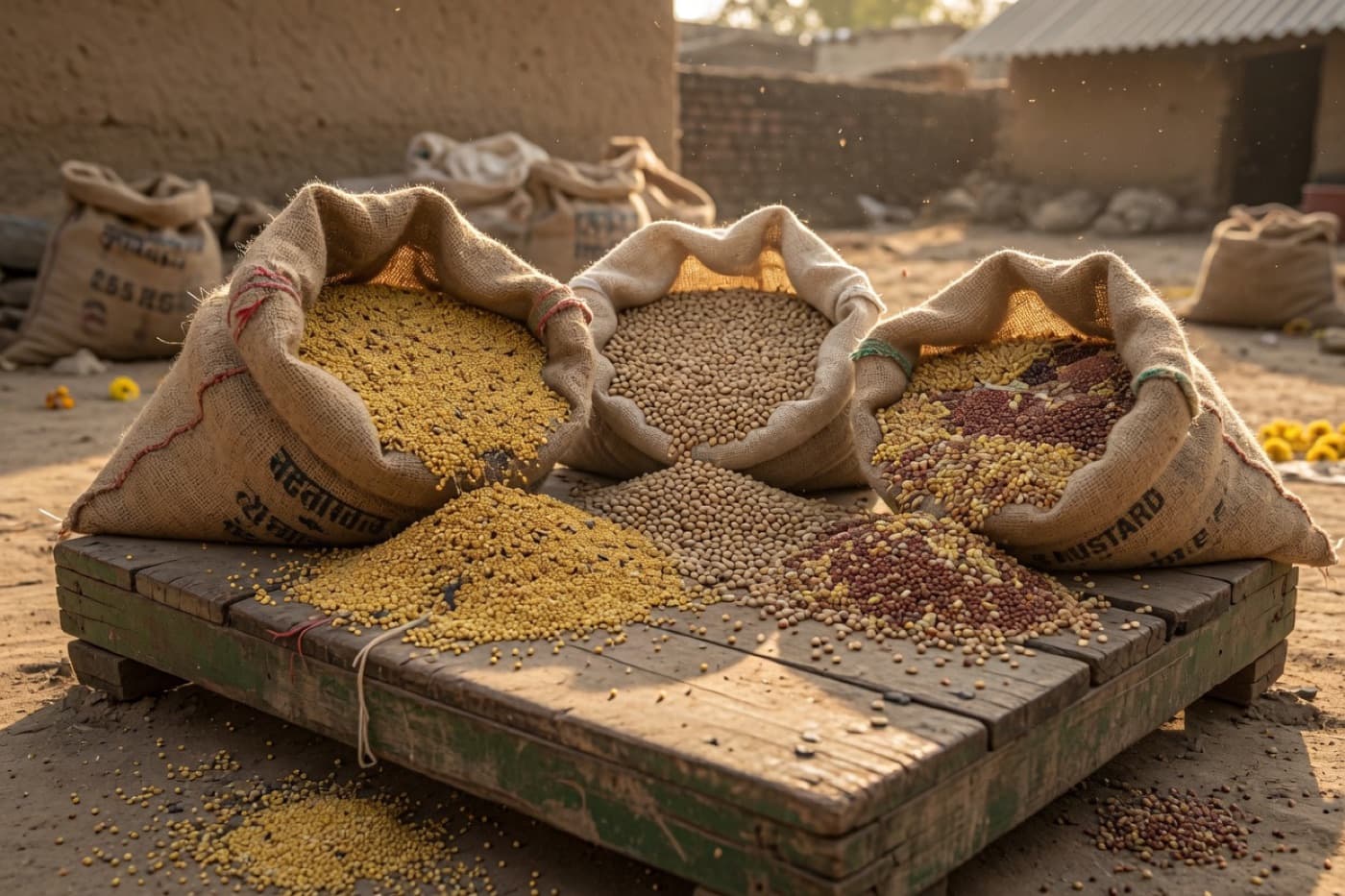 Mustard, soyabean and other agri seeds in jute sacks at a mandi yard
